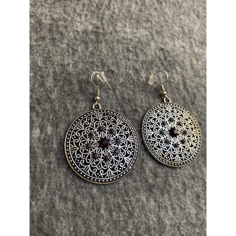 Silver Tone Filigree Mandala Drop Earrings Purple Rhinestone Boho Medallion